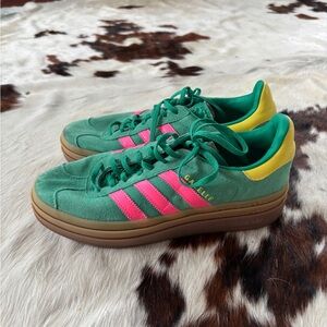 adidas Suede Sneakers in Green with Pink and Yellow Accents